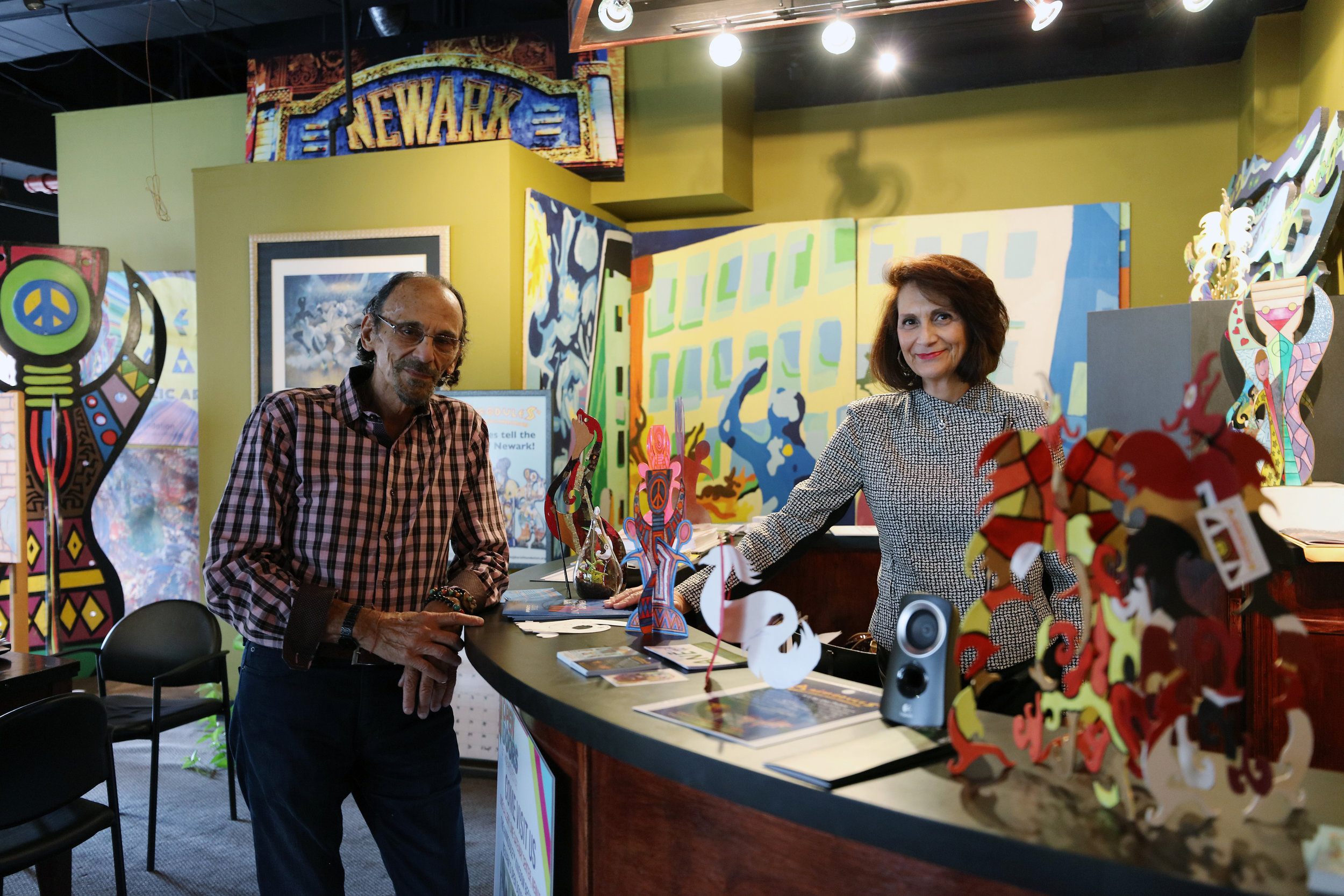 Chandri and Gary Barat in the BF Creation Nation Headquarters at One Gateway Center surrounded by Animodules™ and local youth artworks | Photo Credit: Anthony Alvarez